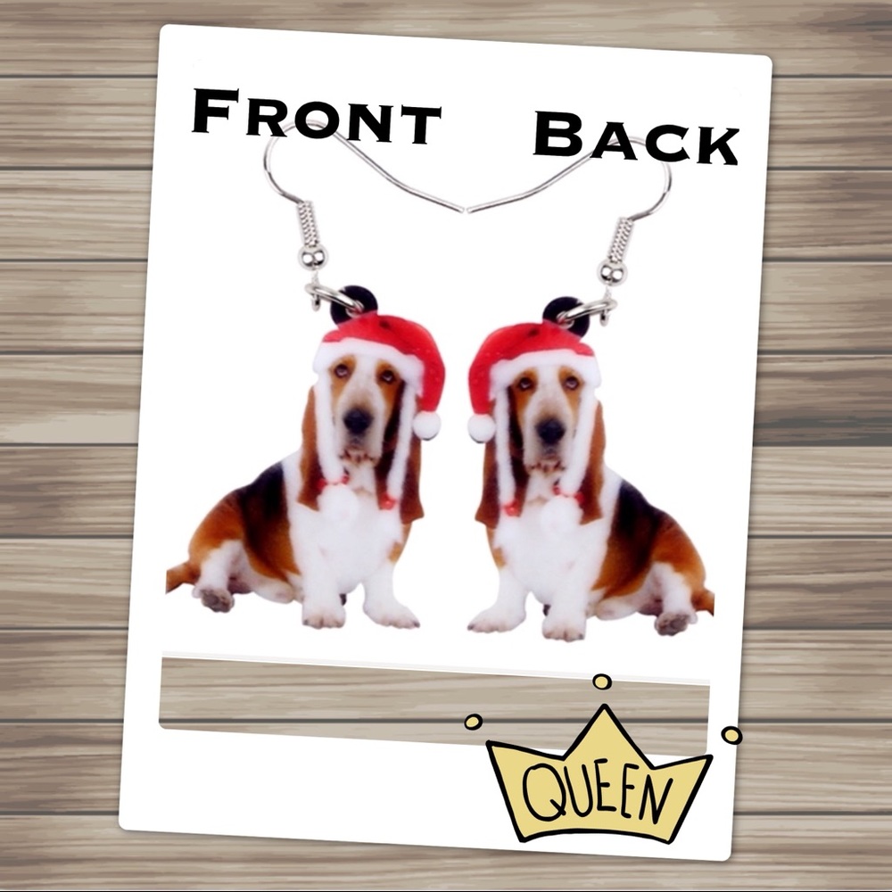 Basset Hound Christmas Acrylic Earrings - Picture 2 of 7
